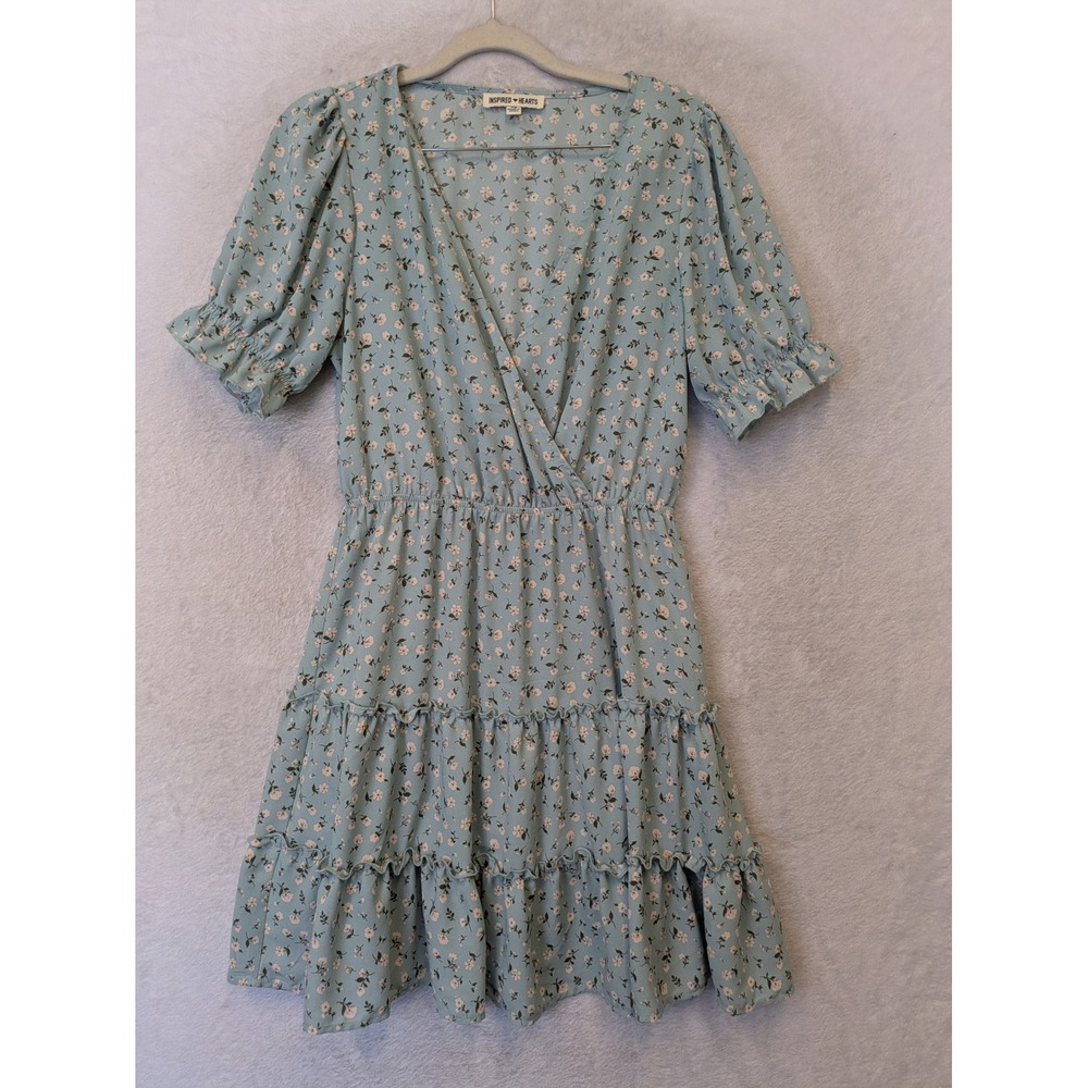 Inspired Hearts Dress Women's M Blue Floral Ruffle Tiered‎ Surplice